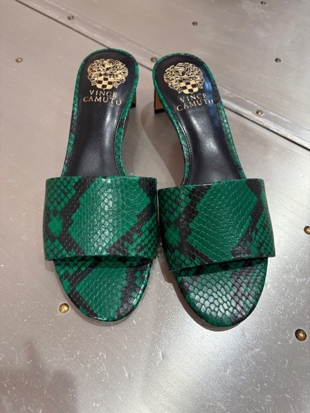 Vince Camuto Green and Black Snake-Print Slide Heels (Never worn)